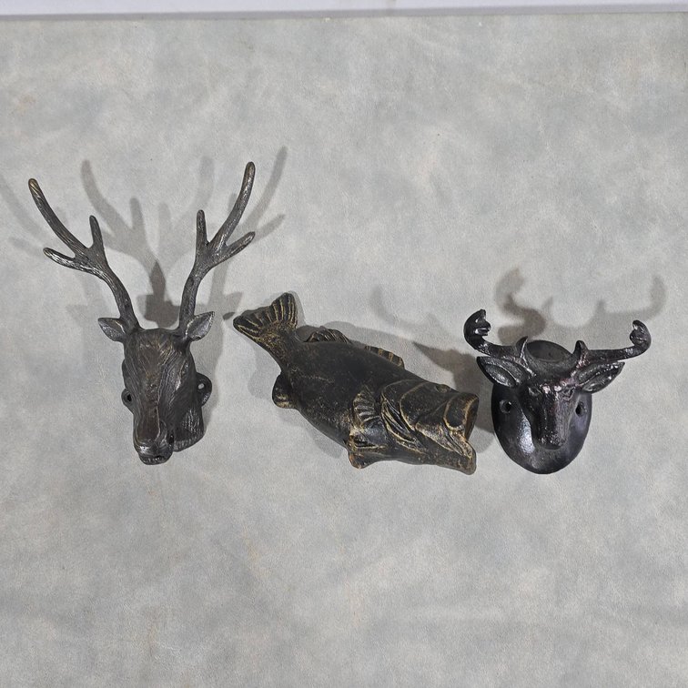 Three Cast Metal Bottle Openers: Two Wall Mountable Stag Heads and One Handheld Bass, Longest 7 In.