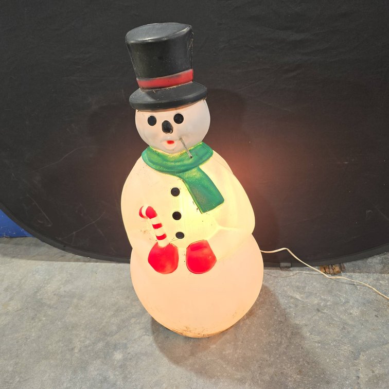 Illuminated Snowman Blow Mold Holiday Decoration With Top Hat, Scarf, Candy Cane, 34 in Tall