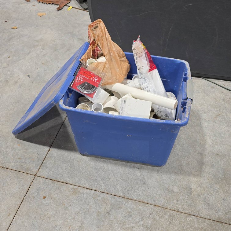 Sterilite Bin With PVC Joints, Unions, Pipe Sections, Sink Drain Fittings, Continuous Waste and Outlet Parts