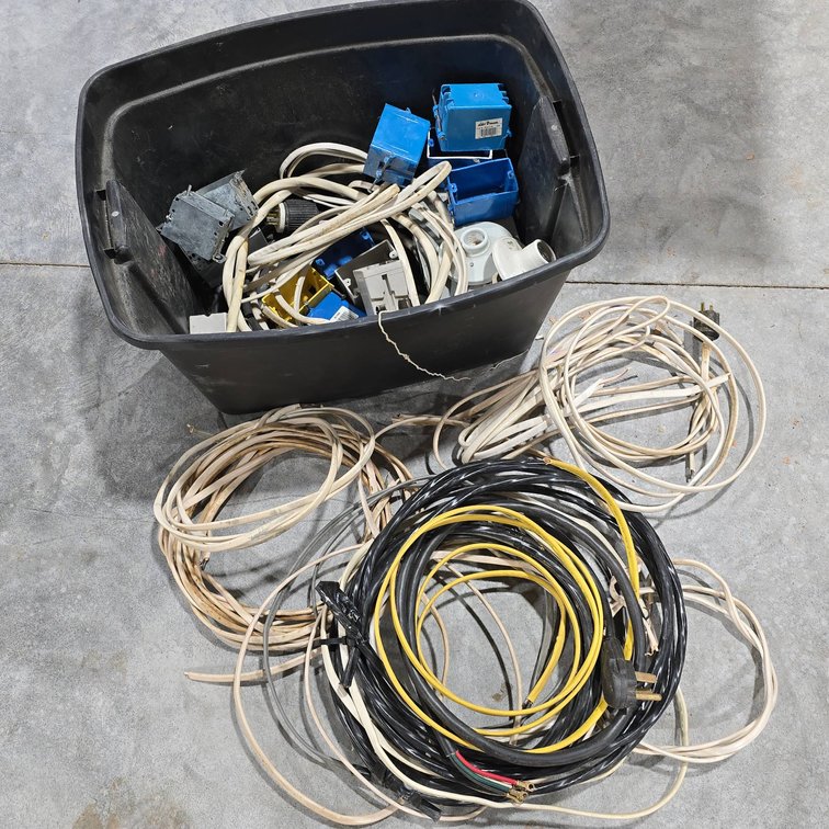 Electrical Value Lot With Boxes, Light Fixtures, Power Cords, and Copper Wire