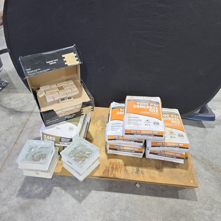 Masonry Supply Lot With 5000 PSI Concrete Mix, Sand Mix, Glass Bricks, Tuscany Ivory Subway Tile