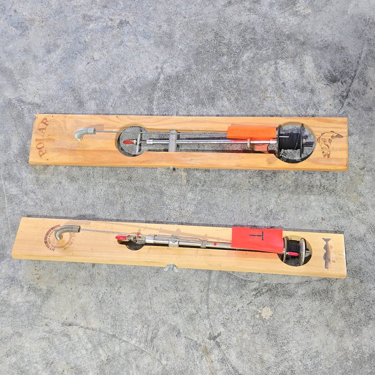Two Wooden Ice Fishing Tip Ups, High-Tech Fishing Husky Tip Up and Polar 2, With Spools and Hardware