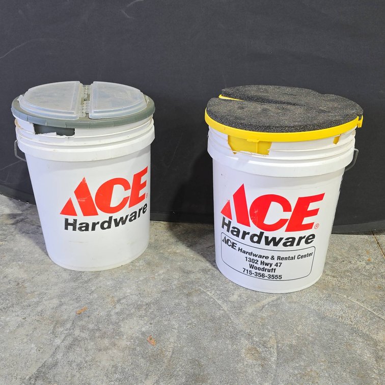 Ice Fishing Seat Tackle Box Buckets, ACE Hardware and Frabill Sit-N-Stow, Both Buckets Empty