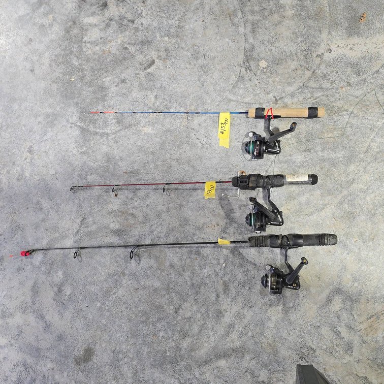 Three Ice Fishing Rods with Reels Including Berkley Rod and Reel, Red Wolf Rod with Red Wolf Reel