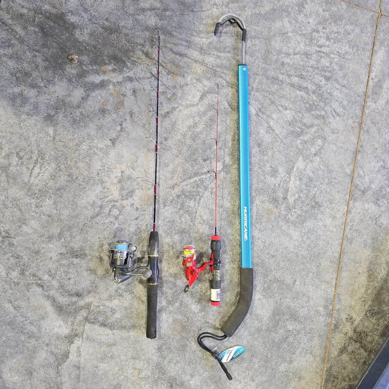 Two Ice Fishing Rods With Reels: Automatic Ice Fisherman AF-31MH, Red Hot Ice, Plus 3ft Hurricane Gaff Hook