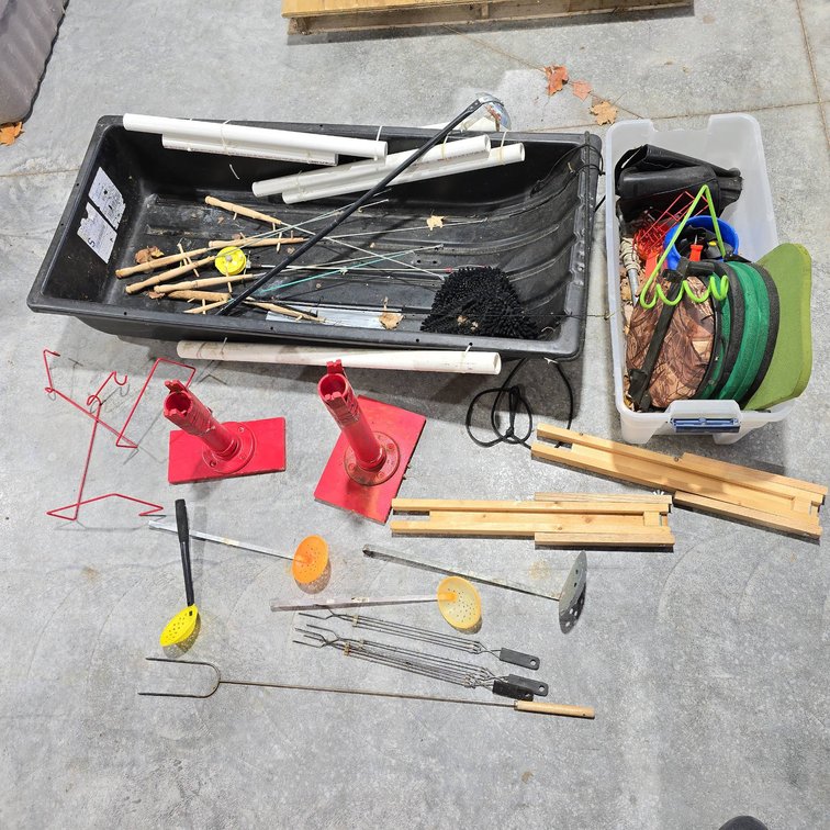 Ice Fishing Value Lot with Jet Sled, Handle, Ice Fishing Scoops, Rod Holders, Roasters, and Accessories