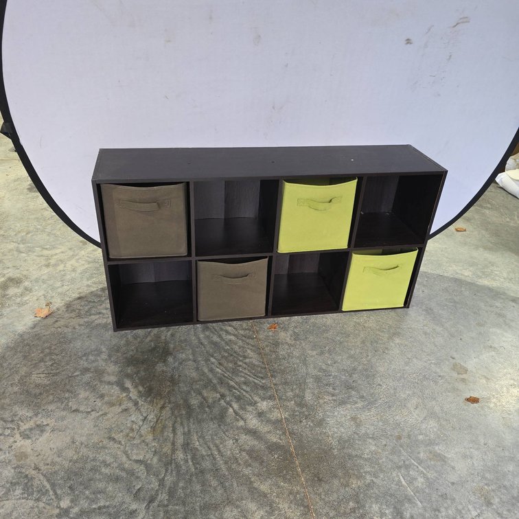 Modular Cubby Storage Shelf with Six Compartments and Four Fabric Bins, Dark Finish, 48" x 12" x 24"