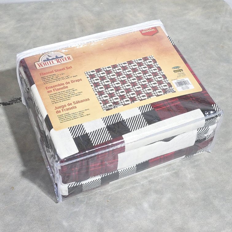White River Unopened Flannel Sheet Set Bear Plaid Twin Includes Fitted Flat Sheet and Pillowcase