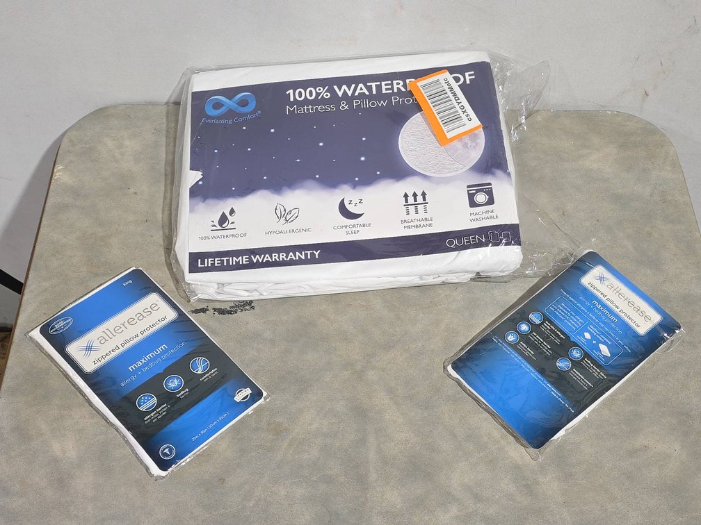 Everlasting Comfort Waterproof Queen Mattress Protector & Allerease Zippered Pillow Protectors, Unopened