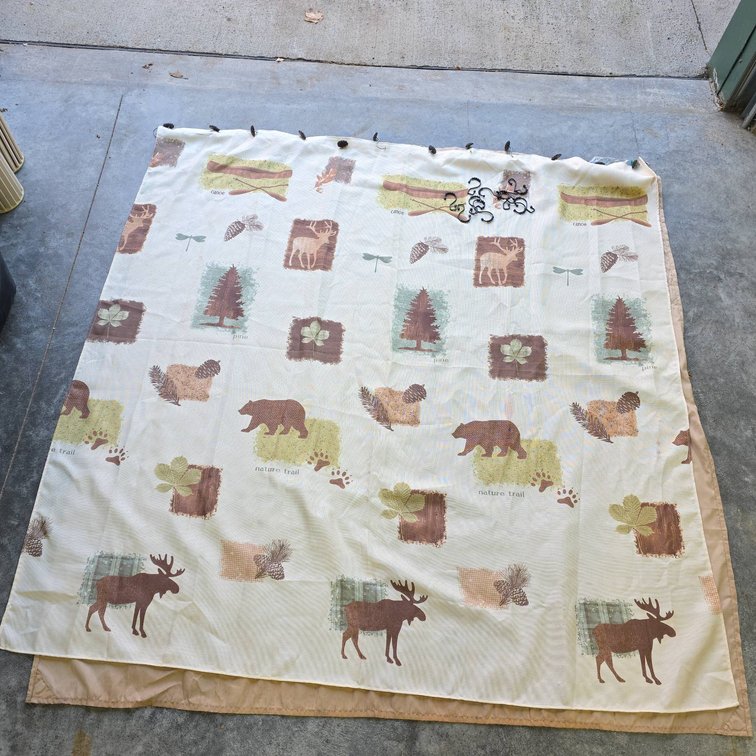 Nature Trail Shower Curtain 70x70 Inch With Bears, Moose, Elk, Canoe Motifs and Two Sets of Hangers