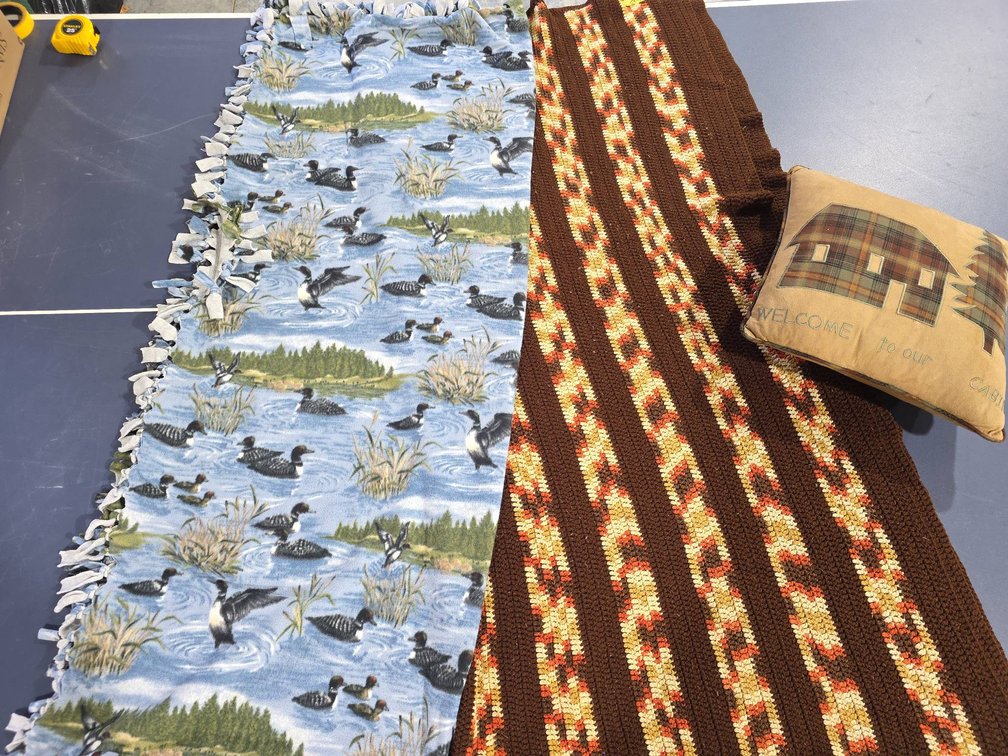 Outdoor Loon Scene Throw Blanket, Hand Crocheted Afghan 66x62 in, and Cabin Themed Welcome Pillow