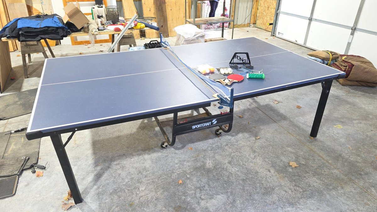 Sportcraft Ping Pong Table With Paddles, Ping Pong Balls, Replacement Net, Braces, Wall Mount Holders