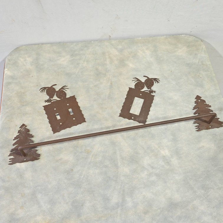 Rustic Pine Tree Switch Plate Covers and Wall Mountable Towel Hanger Set with Pinecone Motif