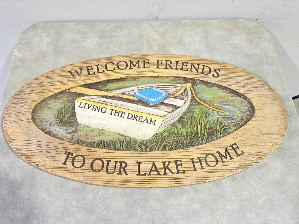 Piazza Pisano Handmade "Welcome Friends To Our Lake Home" Wall Plaque by Al Pisano, Boat Motif