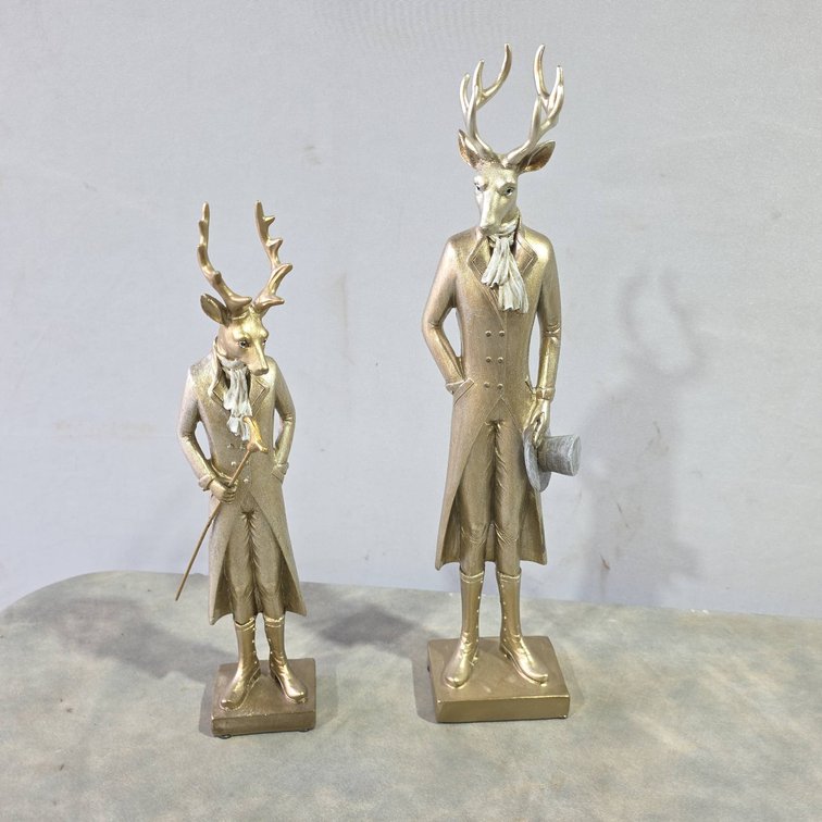 Gold Colored Resin Stag Figure Statues in Victorian Attire, Tallest Measuring 15 Inches