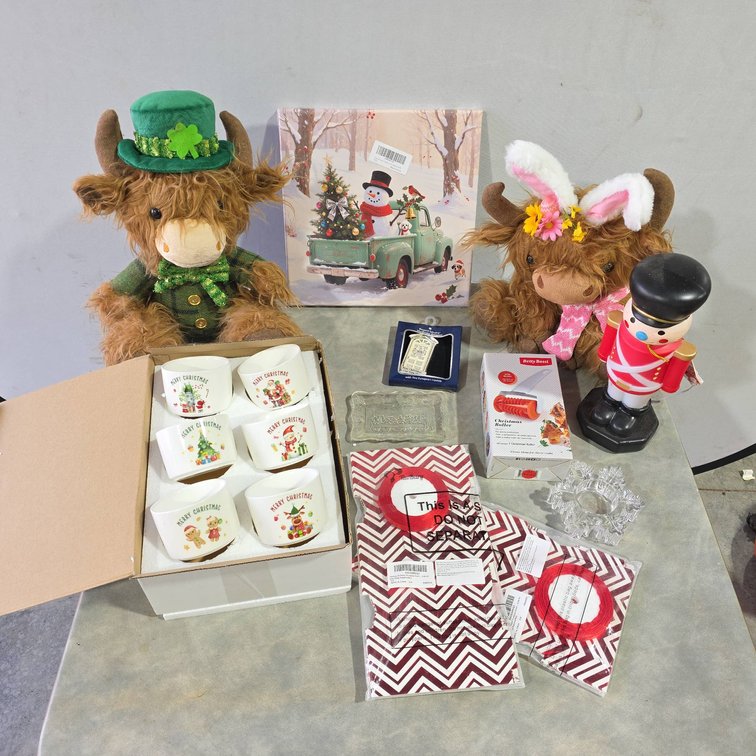 Holiday Decoration Lot: Ceramic Christmas Flower Pots, Wrapping, Nutcracker, Ornament, Butter Dish, More