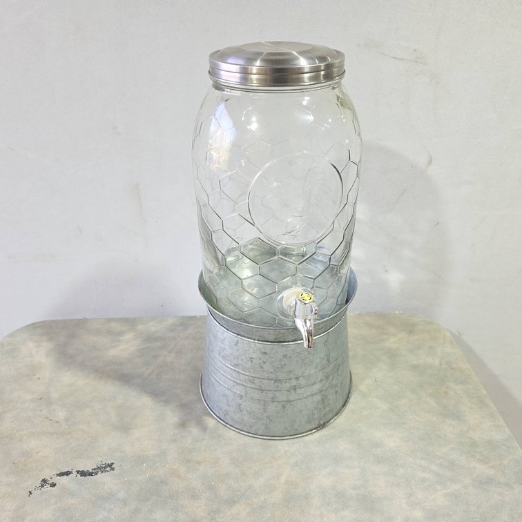 Glass Drink Dispenser with Metal Lid and Galvanized Stand, Honeycomb Pattern, Spigot Included