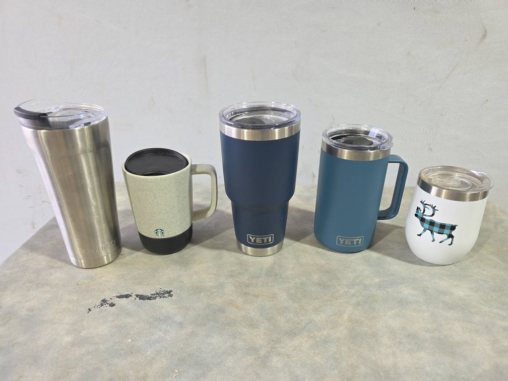(5) Insulated Drink Cups: (2) YETI, OtterBox Stainless, Starbucks Ceramic, Caribou Decorative Mug