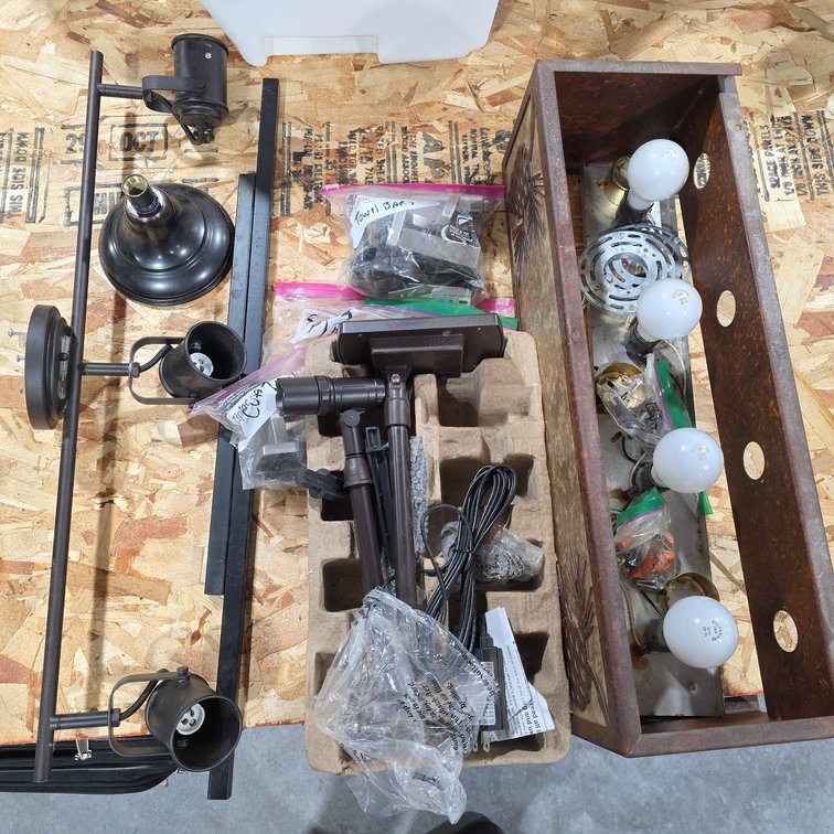 Lot With Light Fixtures, Towel Bars, Pour Stops, Cup Hook, and Wall Mounting Hardware