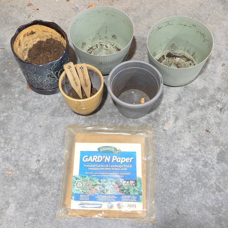 Five Flower Pots Including Two Ceramic, Plastic, and Biodegradable Gardeneer GARD'N Paper Mulch Roll