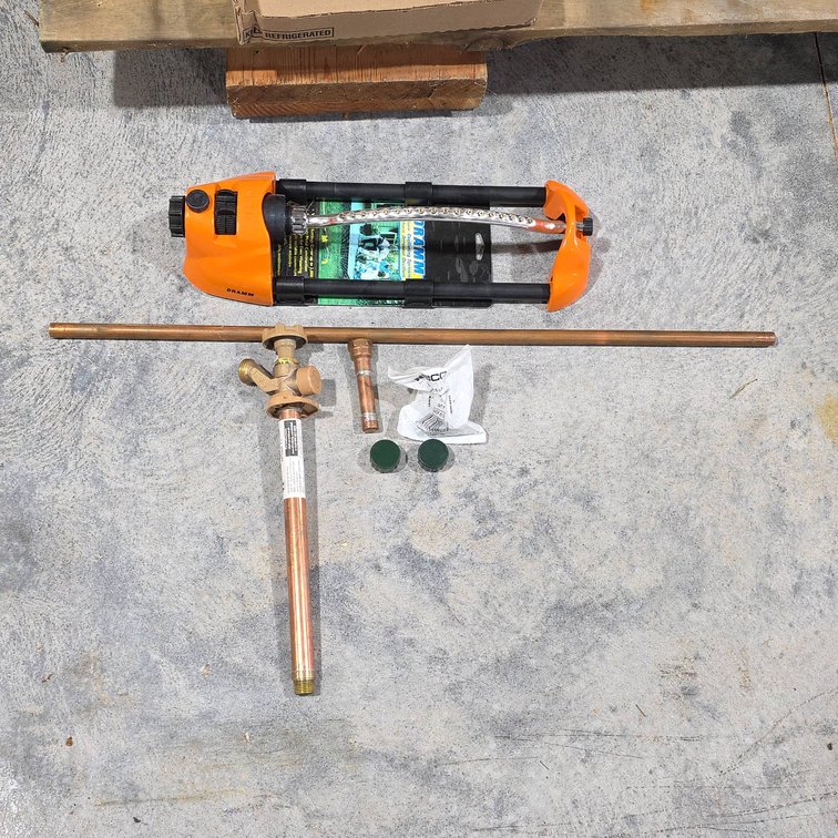 Dramm Oscillating Sprinkler With Several Copper Pipes and Water Fixtures, Longest Pipe Approx. 30 Inches