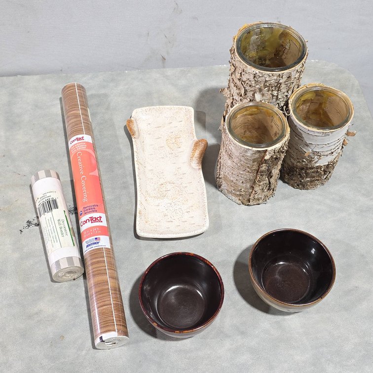Wood Themed Decorations, Ceramic Moose and Bear Bowls, Bark Candle Holders with Glass Inserts
