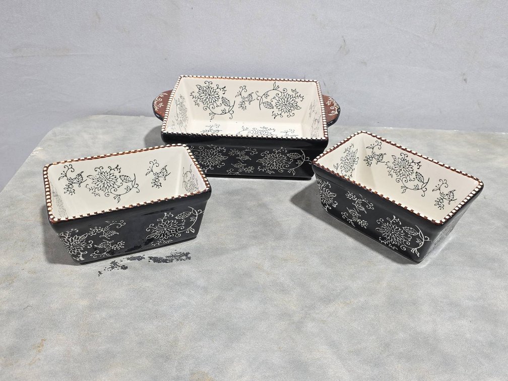 Baum China Set of Three Decorative Oven Dishes, Microwave, Dishwasher, and 400°F Safe, Black Floral Design