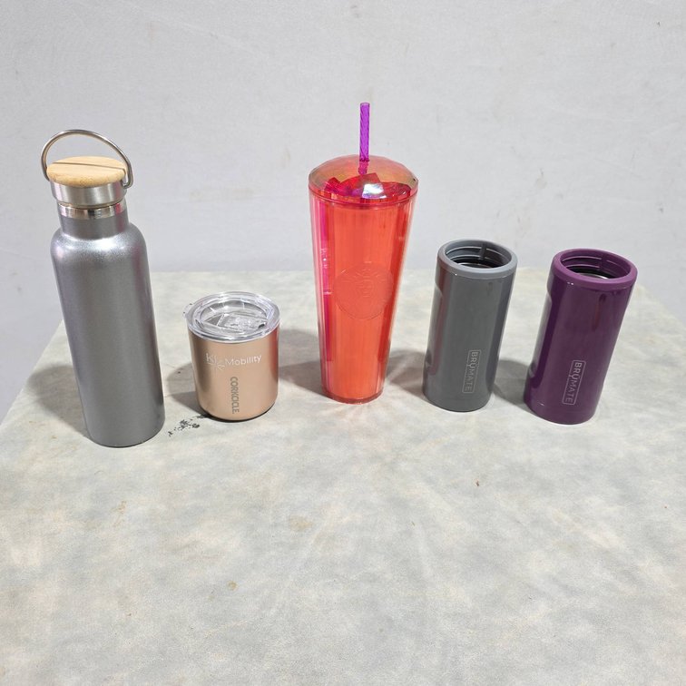 Five Insulated Drink Containers Including Corkcicle, Starbucks Tumbler, Two BrüMate Bottle Holders