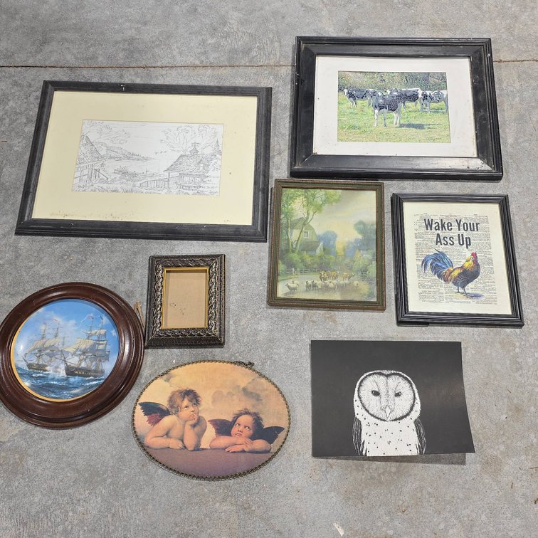 Seven Pictures, Extra Frame, Pencil Drawing of Cows Signed Durfey, Lithograph Prints, Angels