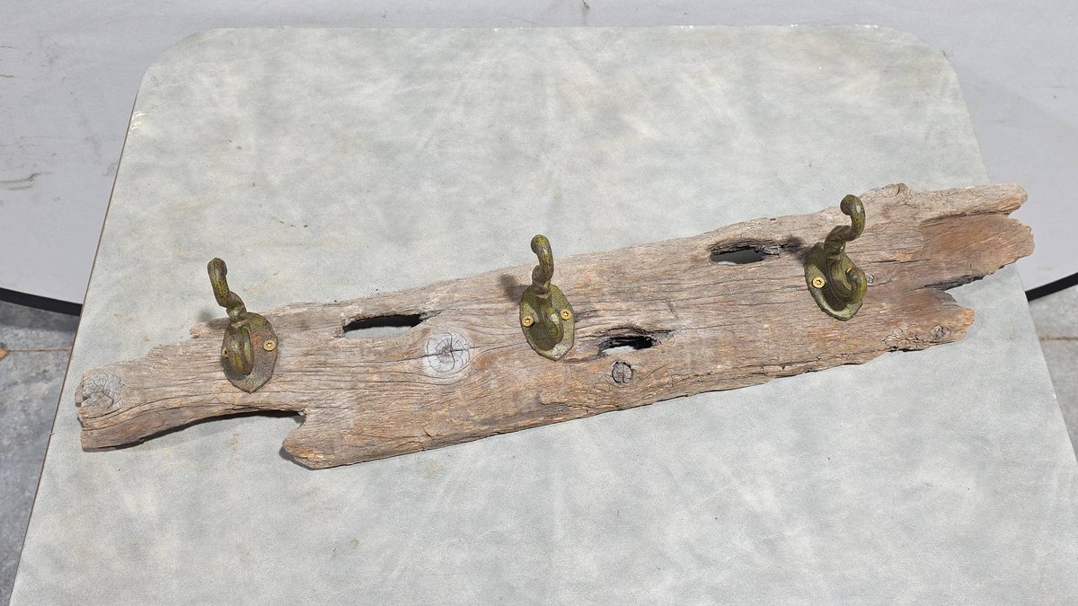 Rustic Wall Mountable Coat Rack with Three Cast Iron Hangers on Distressed Wood, Approx. 30 in Long