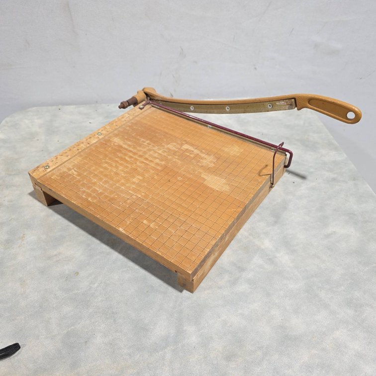 Vintage 13x13 Inch Paper Cutter With Lock, Wooden Base, Grid Lines, And Ruler Markings