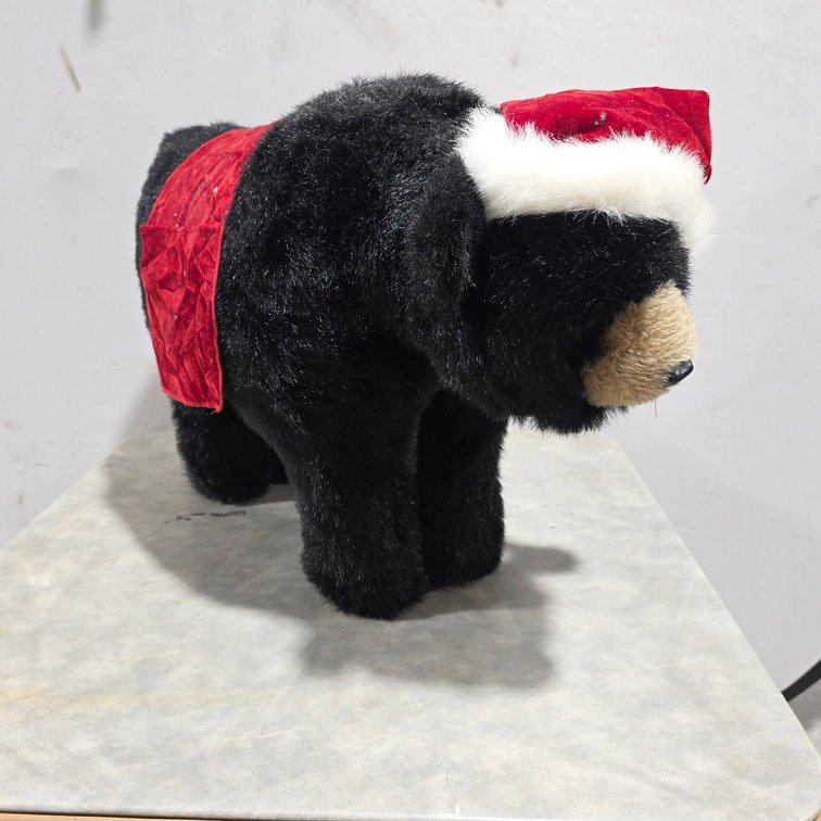The Hen House Christmas Bear Decoration with Santa Hat Red Velvet Saddle Faux Fur 19" Tall 27" Long