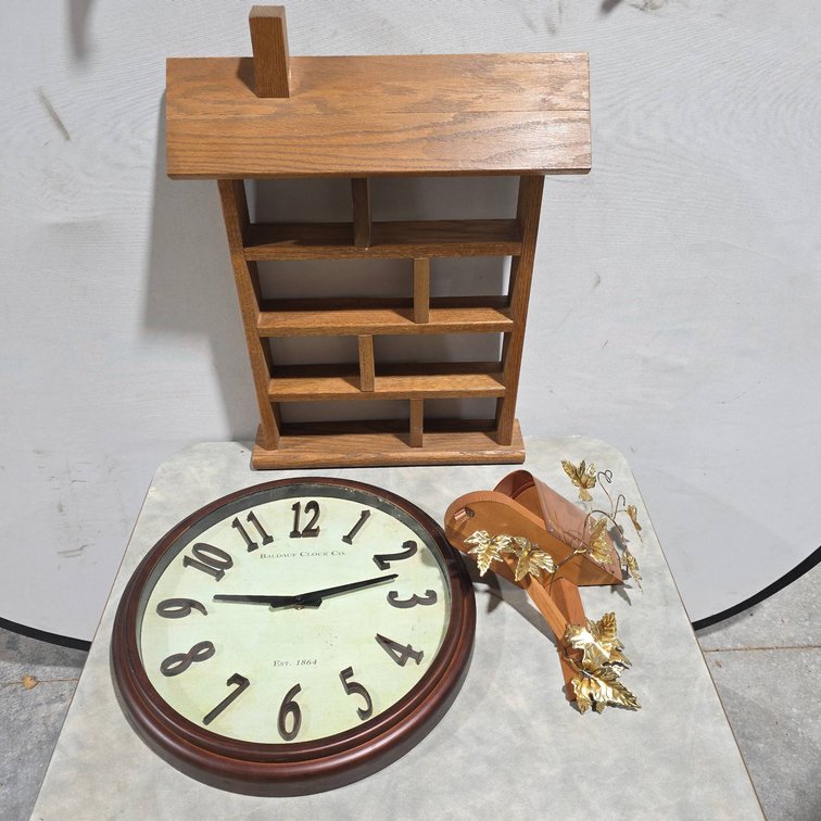 Wall Mountable Lot: Baldauf Clock Co. Wall Clock, Decorative Brass Mailbox, Wooden House Cubby Shelf