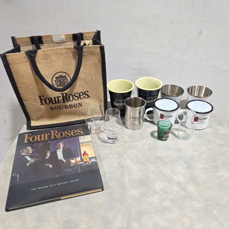 Four Roses Bourbon Book and Tote With Bourbon Glasses, Ketel One Vodka Mugs, Oakheart Bacardi Mugs, Templeton Rye Cup