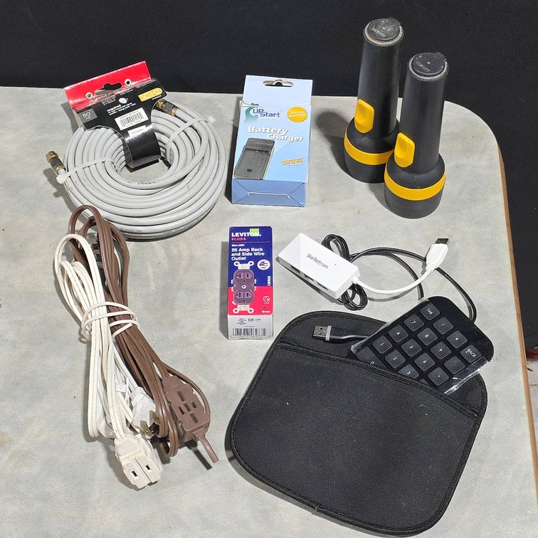 RCA 50' RG6 Coaxial Cable, USB 10-Key, StarTech USB Hub, Leviton 20A Outlet, Battery Charger, 2 Flashlights
