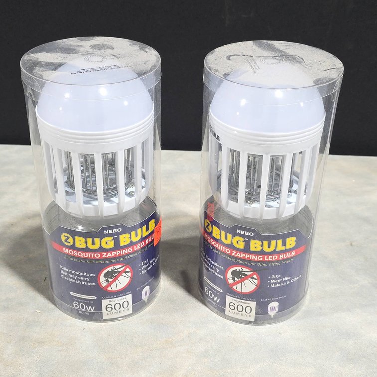 Two NEBO Zebug Bug Bulb Mosquito Zapping LED Light Bulbs, 60W Equivalent, 600 Lumens, In Packaging
