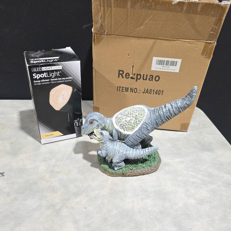 Dinosaur Adult and Baby Solar Light Statue with LED Corded Spotlight, Both New in Package