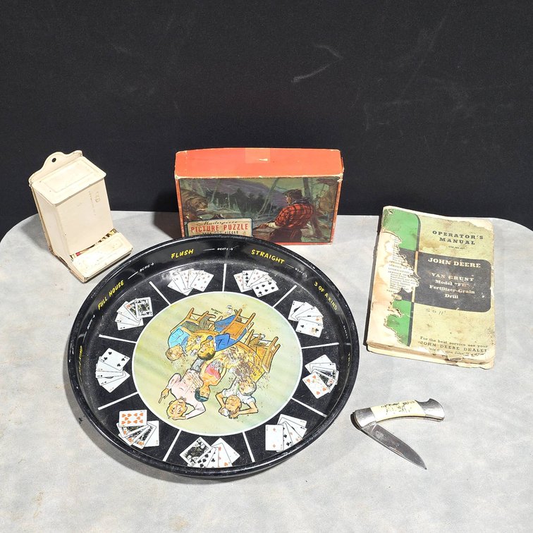 Antique Puzzle, Card Game Tray, Matchbox, Hopper Vintage Moose Knife, John Deere Van Brunt Manual Lot