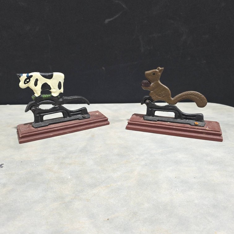Cast Iron Mounted Plier Nutcrackers, Squirrel and Cow Figures, Painted Details