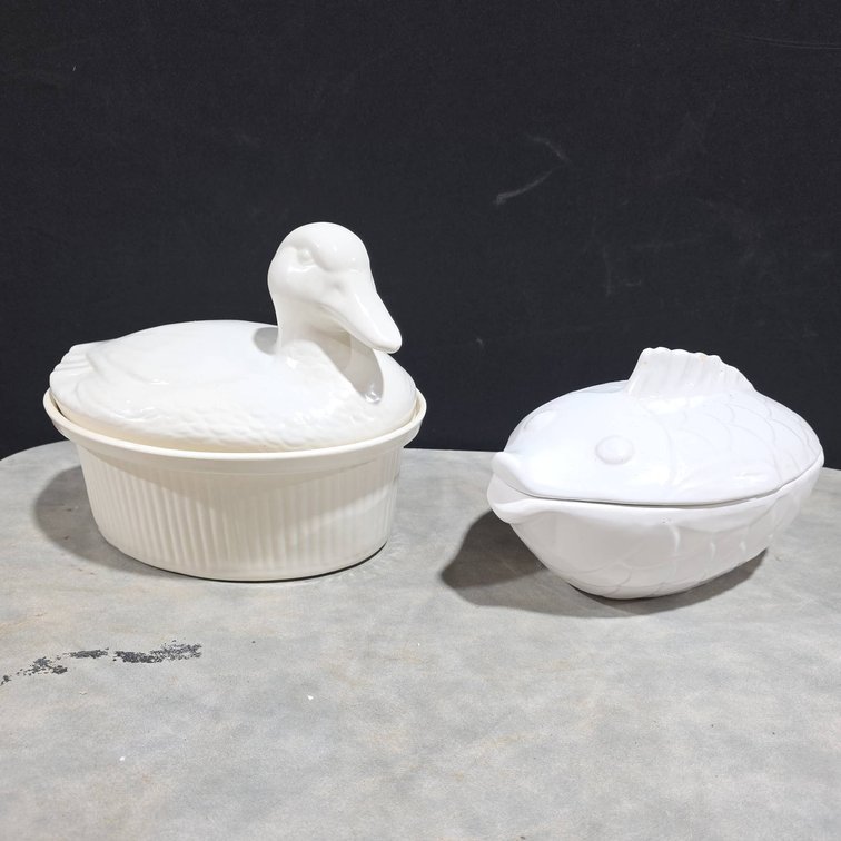 White Ceramic Baking Dishes With Lids, One Fish-Shaped, One Duck Nesting Form, Chip on Duck's Beak