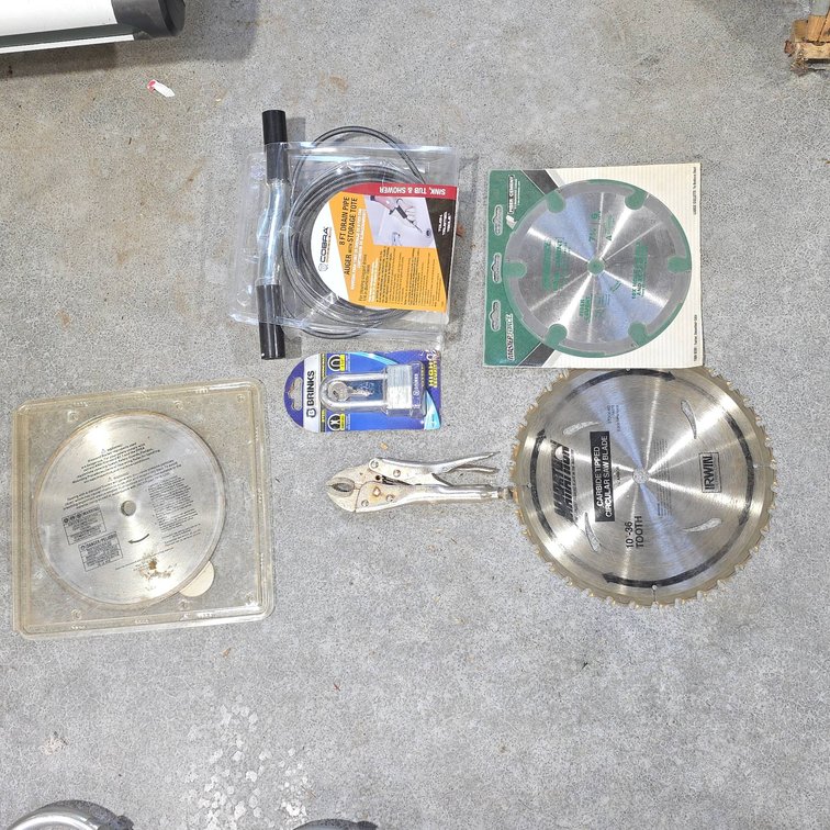 Plumbing and Satellite Vise Grip Pliers, New Brinks Padlock, Saw Blades, Cobra Drain Auger, Masterforce Blade