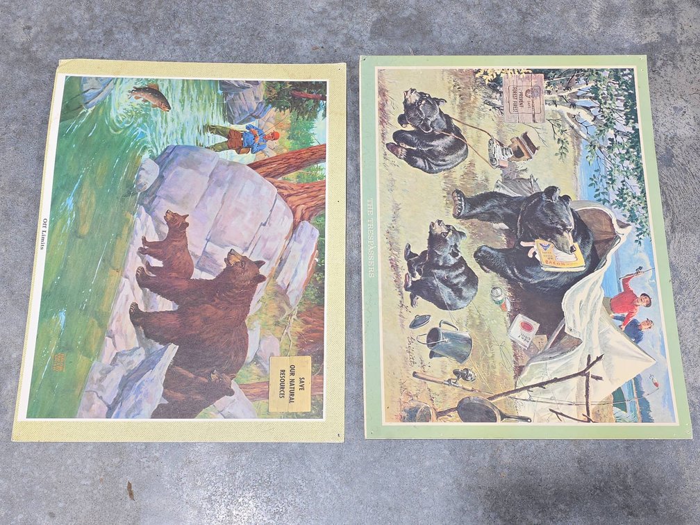 Two Wildlife Prints by Ralph Crosby Smith and Griffith, Bears, Smokey Bear Sign, 29 x 22 Inches
