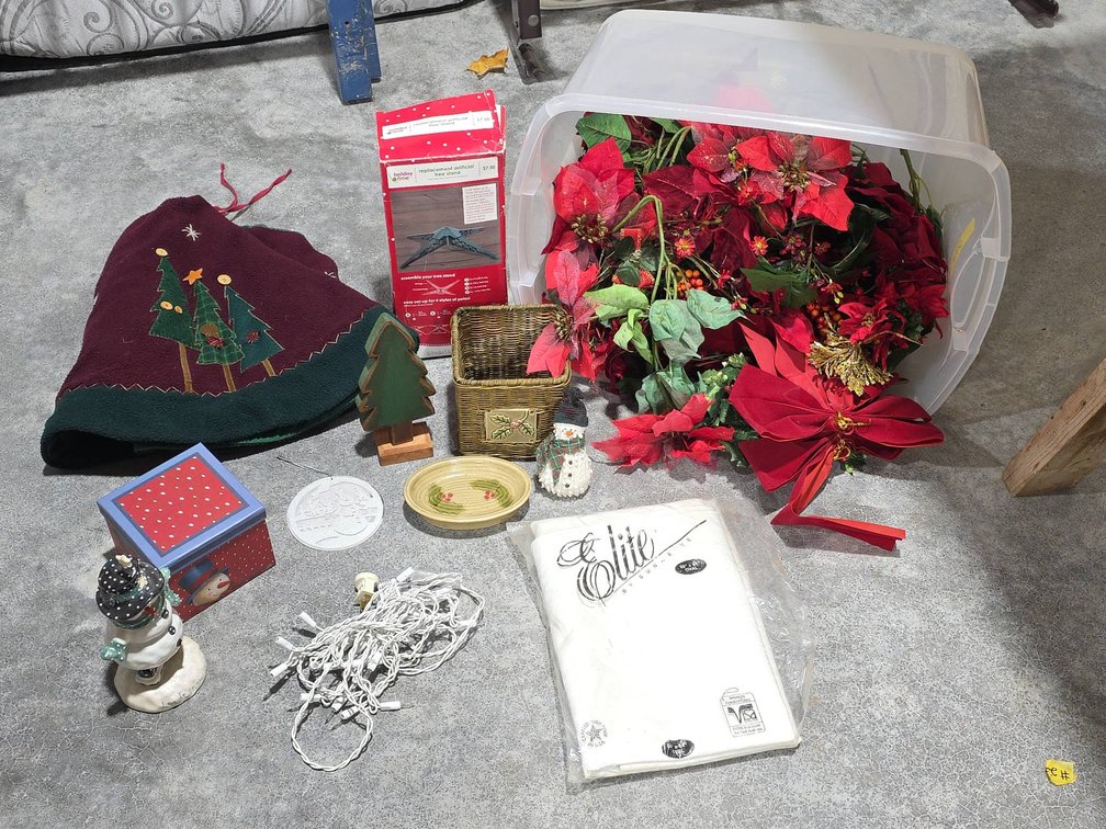 Christmas Decor Lot With Artificial Poinsettias, Wicker Tissue Box Cover, Tree Skirt, Tablecloth, Lights, Stand