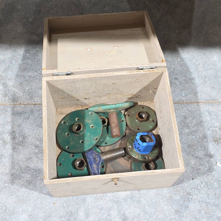 Wooden Box of Metal Lathe Accessories Including Flanges, Faceplates, and Mounts, 14x12x11.5 Inch Storage