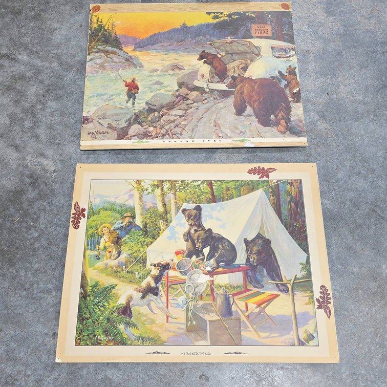 Two Bear-Themed Camping Scene Art Prints by Holladay and Les Kouba, Each Measuring 29x22 In