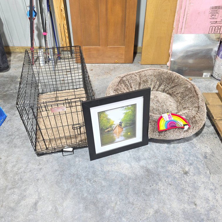 Dog Lot With 30x19x21 in iCrate Dog Crate, Framed Dog Photo, Plush Dog Bed, and TrustyPup Rainbow Toy