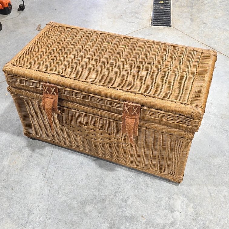 Wicker Chest With Leather Straps, Metal Frame, Made in Philippines, 28.5 x 14.5 x 16 Inches