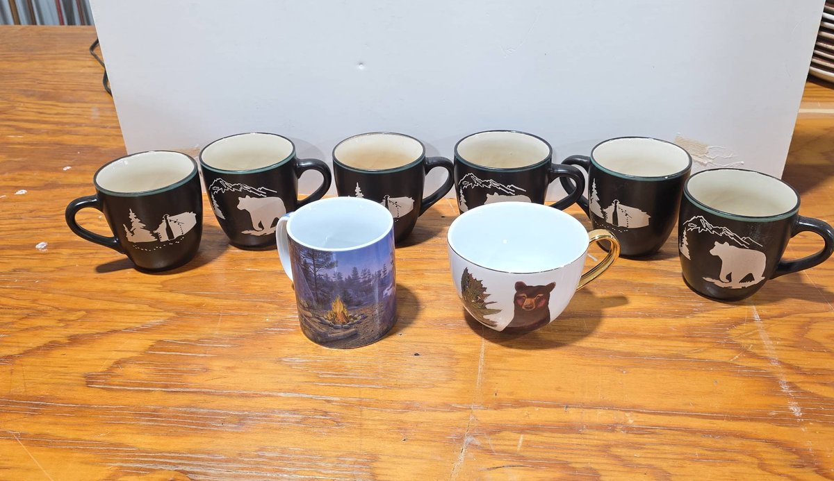 6 Bass Pro Shops Eat Coffee Mugs, 2 Greenbox Mugs, 1 Reflective Art Inc. and Campfire Mug