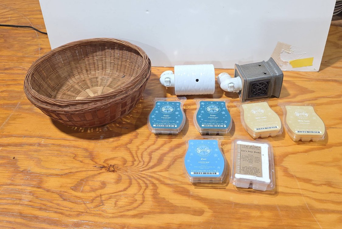 Scentsy Plug-In Wax Heaters, Selection of Scentsy Bars, Handmade Wicker Sewing Basket, Home Fragrance Lot