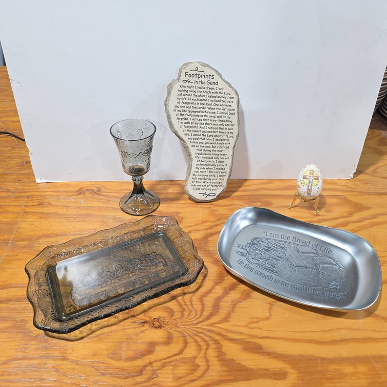 Religious Decorations Including Bread Tray, Goblet, Wall Hanging Readings, and Easter Egg